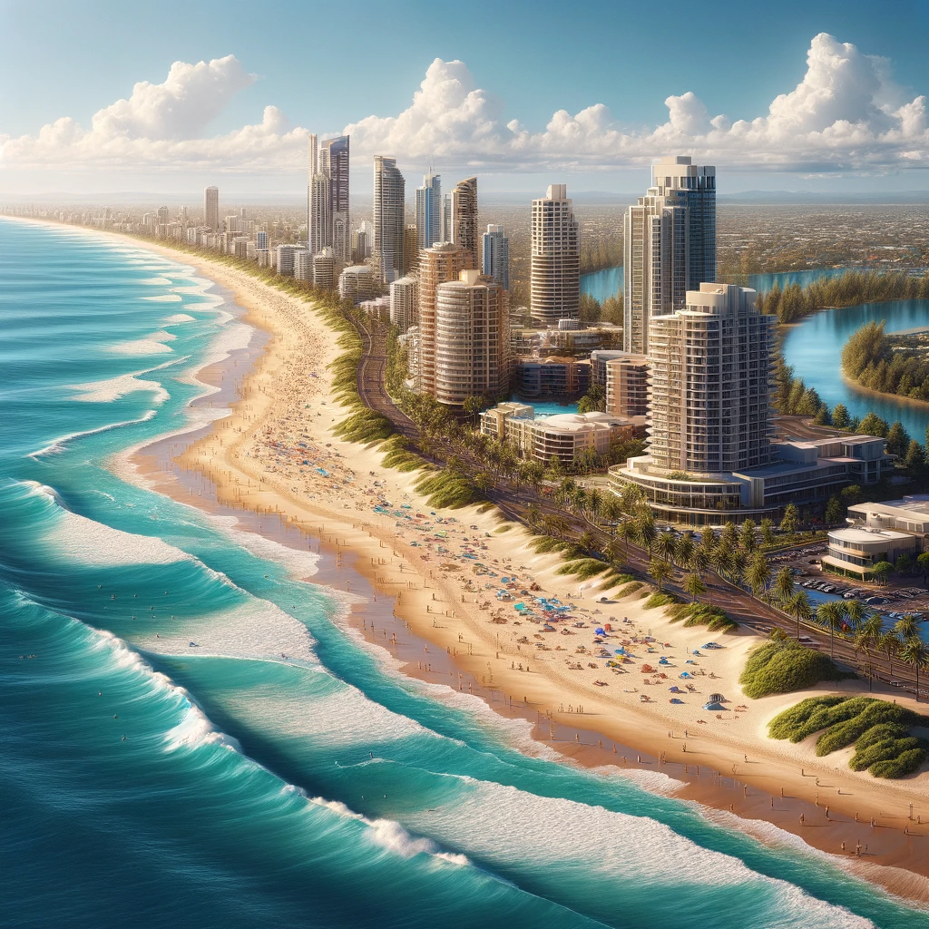 Mermaid Beach on the Gold Coast with golden sand, gentle waves and green parkland