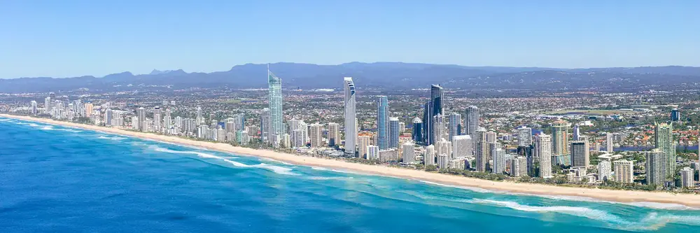 Aerial view of Surfers Paradise beach and skyline on the Gold Coast
